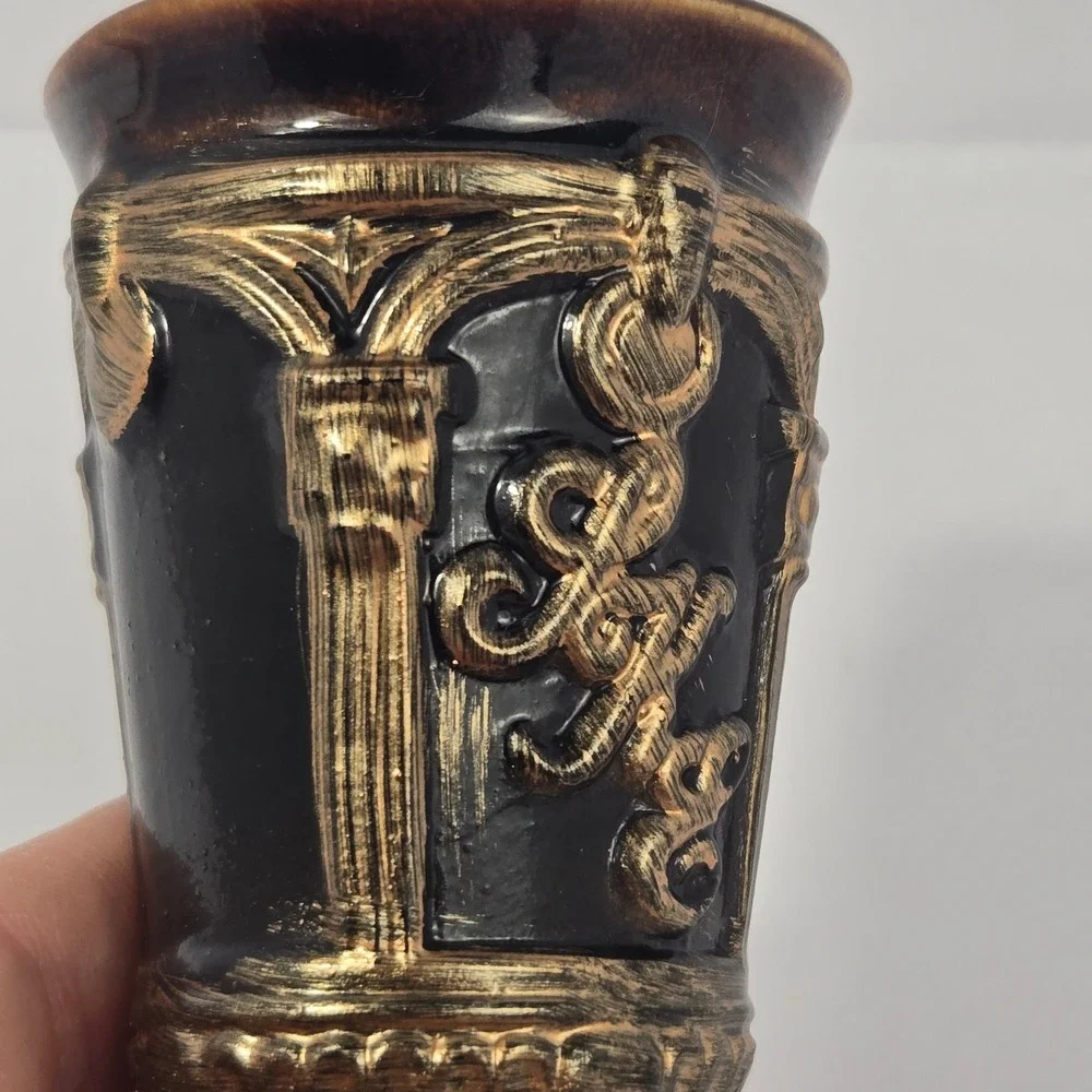 Vintage Brown Gold Ceramic Toothpick Holder Bud Vase Relief Column Crest 3.25in